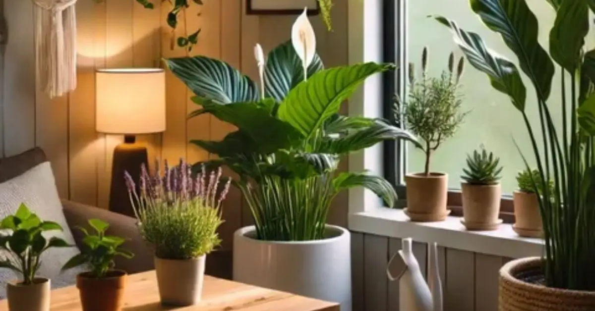 Indoor plants in a small apartment living room, showing space-saving plant arrangements and healthy greenery