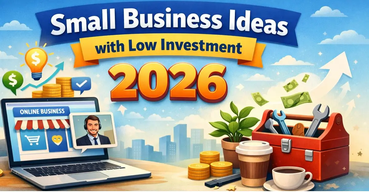 Small business ideas with low investment in 2026 showing online and service-based business opportunities for beginners