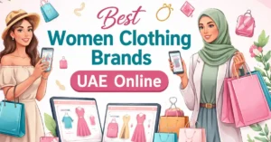 Stylish women browsing women clothing brands UAE online, exploring modest, luxury, and affordable fashion