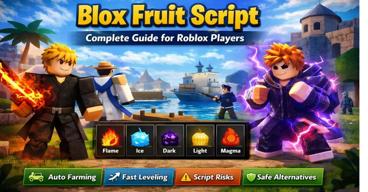 Roblox Blox Fruits gameplay scene showing characters, islands, and combat while explaining discussions around Blox Fruit Script usage.