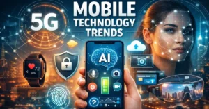 Modern smartphone displaying AI features, 5G connectivity, mobile security tools, and advanced mobile technology trends in daily life.