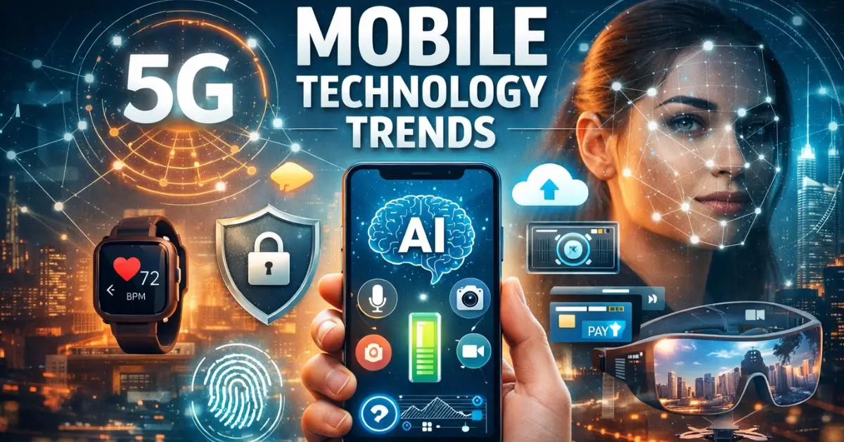 Modern smartphone displaying AI features, 5G connectivity, mobile security tools, and advanced mobile technology trends in daily life.