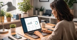 Modern freelancer workspace in 2026 with laptop, coffee, digital dashboard, productivity vibe, clean desk, soft lighting, professional atmosphere