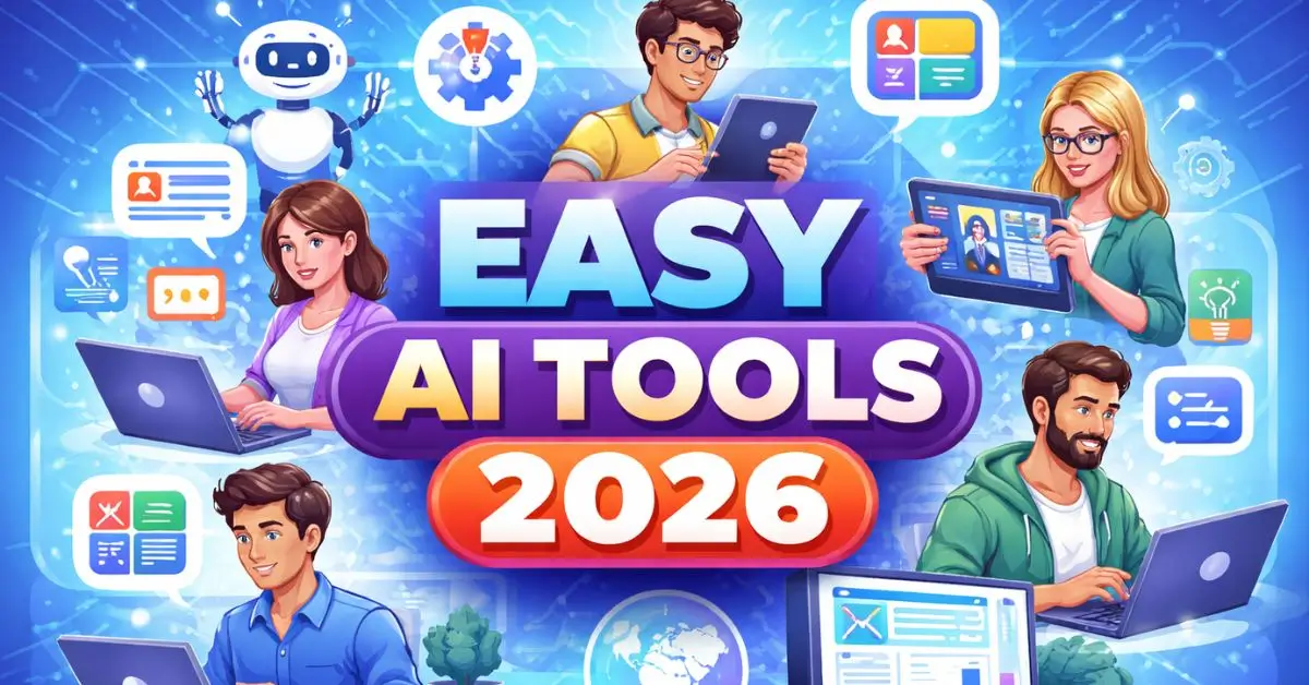 Easy AI Tools 2026 illustration with people using laptops and tablets for writing, design, and automation.