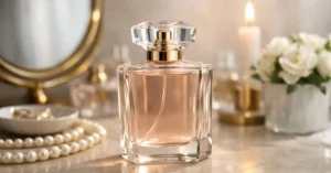 Elegant women’s everyday perfume bottle on a vanity table designed for long-lasting daily fragrance wear