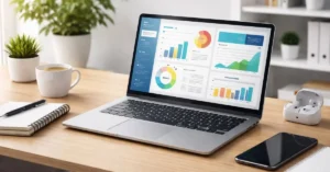 Best laptop setup for freelancing beginners in 2026 showing modern workspace, lightweight laptop, and productivity tools