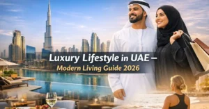 Luxury lifestyle in UAE showing modern Dubai skyline, high-end living, fashion culture, and comfortable daily life