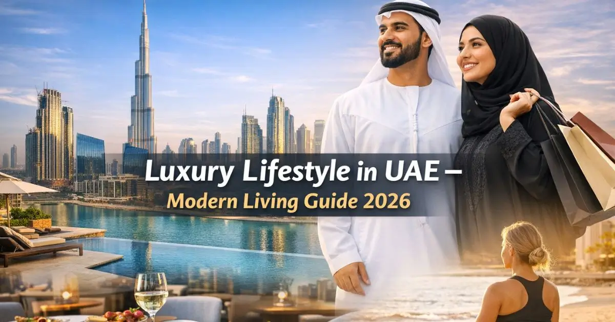 Luxury lifestyle in UAE showing modern Dubai skyline, high-end living, fashion culture, and comfortable daily life