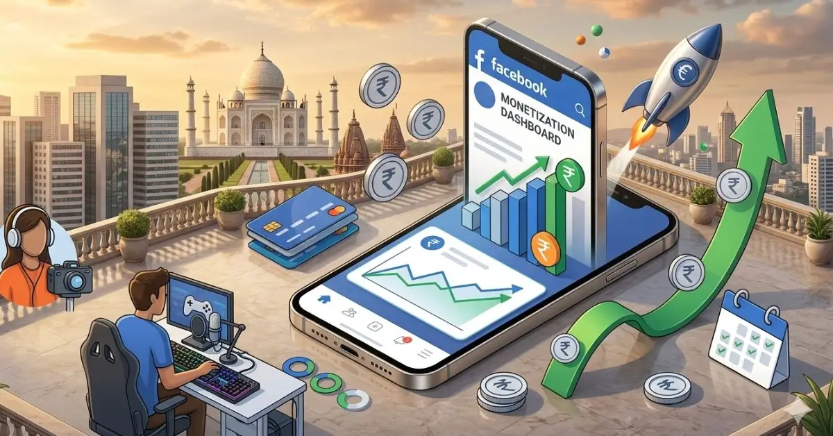 Facebook monetization India dashboard with Rupee icons and Indian creator workspace.