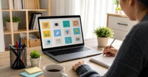 Person learning online skills on a laptop in a modern home office workspace.