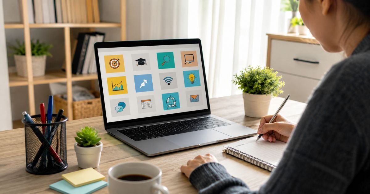 Person learning online skills on a laptop in a modern home office workspace.
