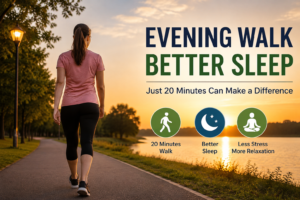 Woman taking a 20-minute evening walk by a lake to support better sleep and relaxation.