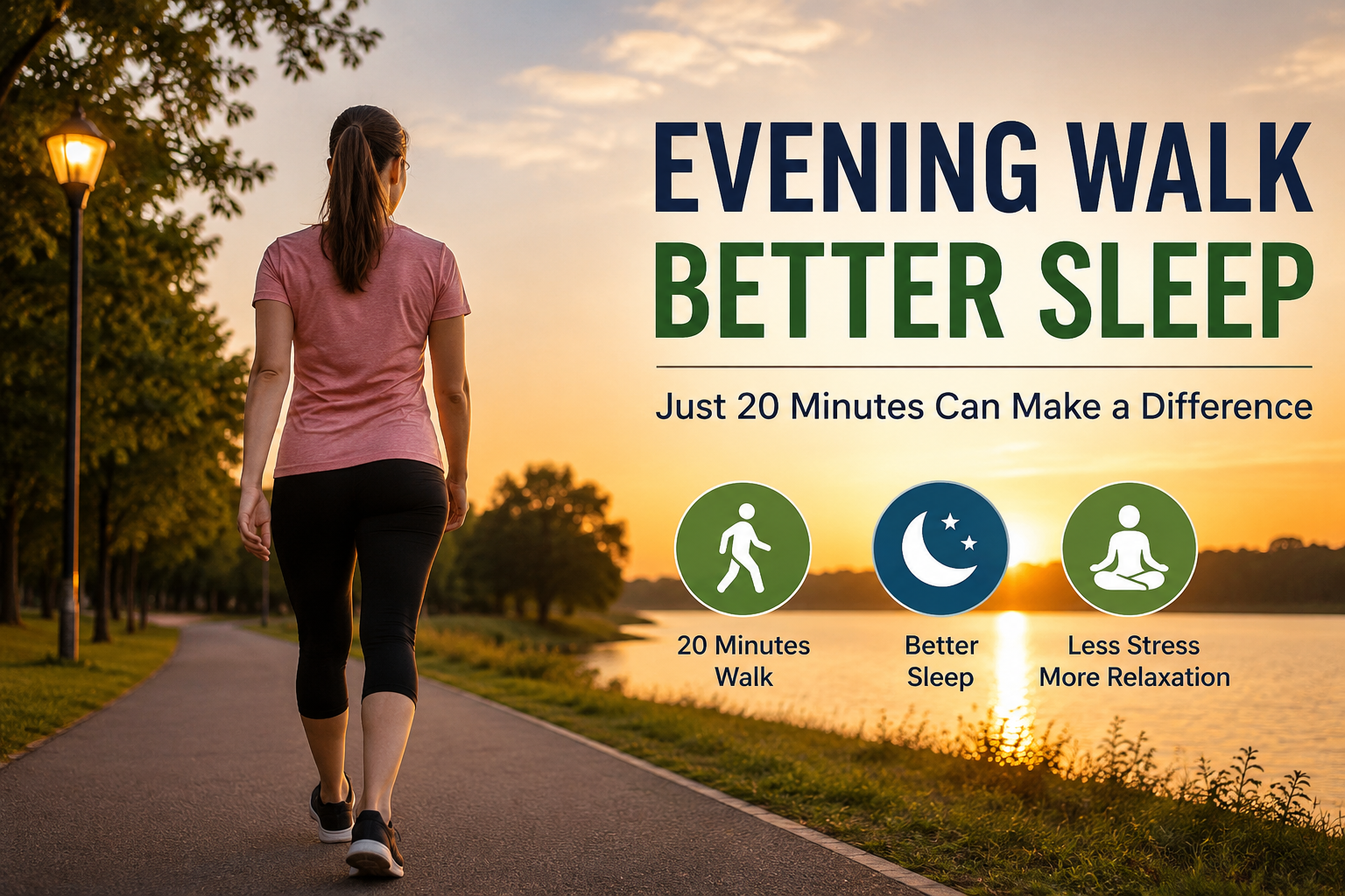 Woman taking a 20-minute evening walk by a lake to support better sleep and relaxation.